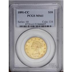 1891-CC $10 MS61 PCGS. Breen-7035. A lustrous peach-go