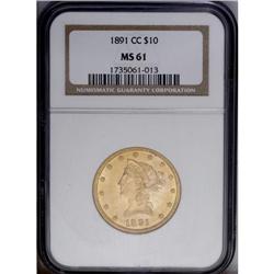 1891-CC $10 MS61 NGC. This lustrous honey-gold represe