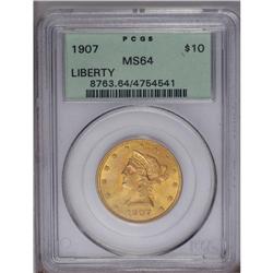 1907 $10 MS64 PCGS. Deep orange toning graces this lus