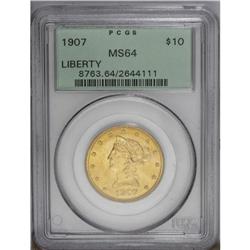 1907 $10 MS64 PCGS. Sharply struck with beautiful, dee