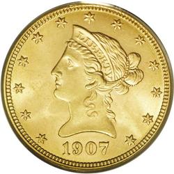 1907-D $10 MS64 PCGS. A lovely and lustrous near-Gem.
