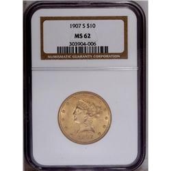 1907-S $10 MS62 NGC. Rich, frosty, reddish-gold surfac