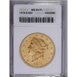 1879-S $20 MS62 Prooflike ANACS. A beautiful peach-gol