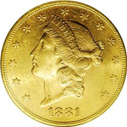 1881-S $20 MS62 PCGS. This boldly struck apricot-gold