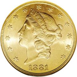 1881-S $20 MS62 NGC. This 1881-S displays bright peach