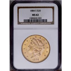 1884-S $20 MS62 NGC. Lightly abraded but fully lustrou