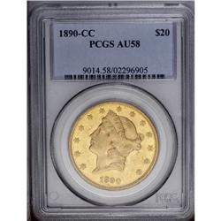 1890-CC $20 AU58 PCGS. Faint friction on the cheek pre