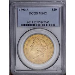 1890-S $20 MS62 PCGS. Apricot-gold surfaces display sh