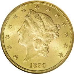 1890-S $20 MS64 NGC. A bold striking with satiny, whol