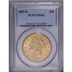 1891-S $20 MS62 PCGS. Brilliant luster, appealing gree