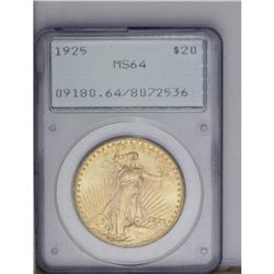 1925 $20 MS64 PCGS. Booming luster and rich orange pat
