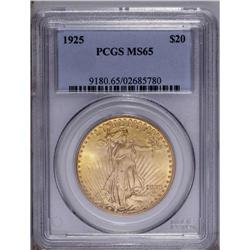 1925 $20 MS65 PCGS. Intense luster radiates from peach