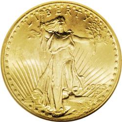 1925 $20 MS66 S NGC. Orange-gold and sky-blue colors