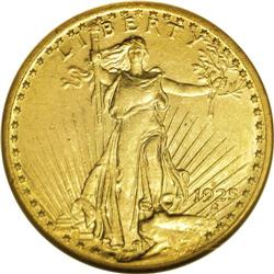 1925-S $20 AU58 NGC. Bright orange-gold and lustrous.