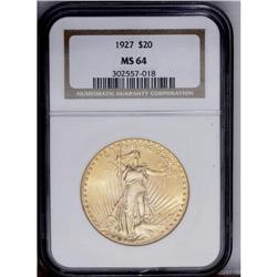 1927 $20 MS64 NGC. Bright, peach-gold surfaces emit ra