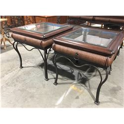 2  X METAL/WICKER/WOOD & GLASS END TABLES (24" X 27.5" X 24.5")