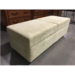 LIGHT GREEN UPHOLSTERED OTTOMAN WITH STORAGE ON WHEELS 54" X 22" X 19" (SMALL PAINT STAIN ON TOP)