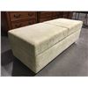 Image 1 : LIGHT GREEN UPHOLSTERED OTTOMAN WITH STORAGE ON WHEELS 54" X 22" X 19" (SMALL PAINT STAIN ON TOP)