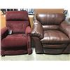 Image 1 : 2 LA-Z-BOY CHAIRS - 1 BURGUNDY POWERED ROCKER RECLINER & 1 BROWN UPHOLSTERED OVER-STUFFED CHAIR