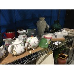 SHELF LOT OF ASSTD GLASS WARE (TEAPOTS/VASES/POTTERY BOWLS ETC)