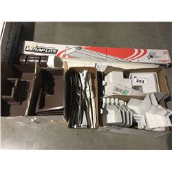 SHELF LOT OF MISC EAVESTROUGH ITEMS INCL: SPLASH BLOCK/WHITE & BROWN CORNER PIECES/FLUORESSCENT