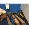 Image 8 : SHELF LOT OF ASSTD HAND TOOLS - HAMMERS/SAW/LEVEL & MISC STEEL BRUSHES