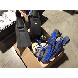 BOX OF SNORKEL GEAR (BLACK FINS MENS 8-10, BLUE FINS L/XL & MASKS)