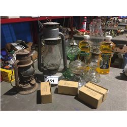 ANTIQUE OIL LAMPS WITH 2 BOTTLES OF CITROLITE LAMP OIL & 4 BOXES OF OIL LAMP INSERTS