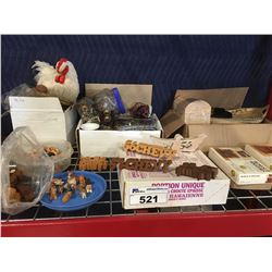 SHELF LOT OF MINIATURE ANIMALS/WOODEN NATIVITY SCENE/WOODEN RECIPE BOX ETC