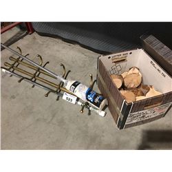 GROUP LOT -  ANTIQUE BRASS COAT HOOK SET/SHOWER/CLOSET TENSION ROD/YACHT MOP/BOX OF WOOD PIECES