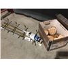 Image 1 : GROUP LOT -  ANTIQUE BRASS COAT HOOK SET/SHOWER/CLOSET TENSION ROD/YACHT MOP/BOX OF WOOD PIECES