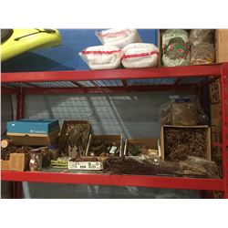 SHELF LOT OF MISC CRAFT SUPPLIES - PINE CONES/SNOW/MINIATURES/DRIED FLOWERS & MOSS