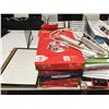 Image 2 : SHELF LOT OF ASSTD OFF ITEMS - IN/OUT TRAYS/HOLE PUNCH/4 LARGE BINDERS/OFFICE CLOCK/5 PCKS LEGAL