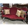 Image 2 : ANTIQUE VICTORIAN STYLE RED VELVET PERCHING COUCH WITH 3 CUSHIONS (APPROX 77"L X 39" H X 20" W)