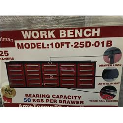 STEELMAN 10' WORK BENCH WITH 25' DRAWERS (RED) WITH LOCKS & ANTI-SLIP LINERS - USING NEW 3-RAIL