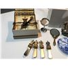 Image 2 : SHELF LOT OF ASSTD ITEMS INCLUDES: GERMAN MILK PITCHER, SET OF CHEESE PLATES WITH SPREAD KNIVES ETC