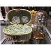 Image 1 : MINIATURE PICNIC BASKET WITH MINIATURE GLASS TABLE SETTINGS & THIMBLE DISPLAY DOMED RACK WITH  9