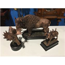 GROUP OF 3 BRONZED FIGURINES (LARGE 8"  BUFFALO, DEER & MOOSE HEAD)