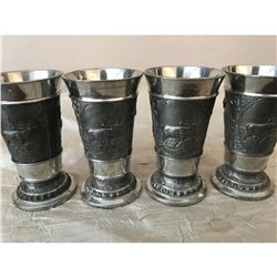 Set of German Pewter Repousse Hunting Goblets