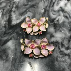 Vintage Sarah Coventry Pink Enamel & Crystal Floral Clip On Earrings