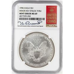 1996 $1 American Silver Eagle Coin Mint Error Minor Rev Struck Thru NGC MS69