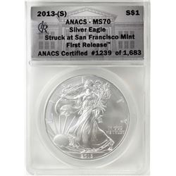 2013-(S) $1 American Silver Eagle Coin ANACS MS70 First Release