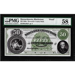 1860's $50 Worcester County Bank, MA Proof Obsolete Note G30a PMG Choice About Unc 58