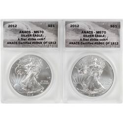 Lot of (2) 2012 $1 American Silver Eagle Coins ANACS MS70 First Strike