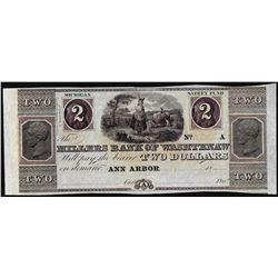 1800's $2 Millers Bank of Washtenaw Ann Arbor, MI Obsolete Banknote