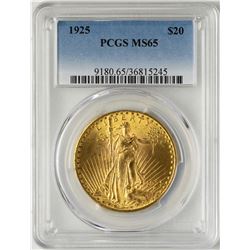 1925 $20 St. Gaudens Double Eagle Gold Coin PCGS MS65