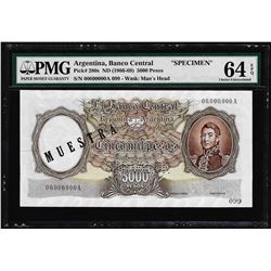 1966-69 Argentina 5000 Pesos Banco Cental Specimen Note PMG Choice Uncirculated 64EPQ