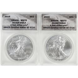 Lot of (2) 2015 $1 American Silver Eagle Coins ANACS MS70 First Strike