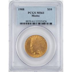 1908 Motto $10 Indian Head Eagle Gold Coin PCGS MS61