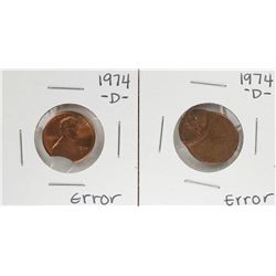 Lot of (2) 1974-D Lincoln Cent with Off Center Strike & Clipped Planchette Error Coins